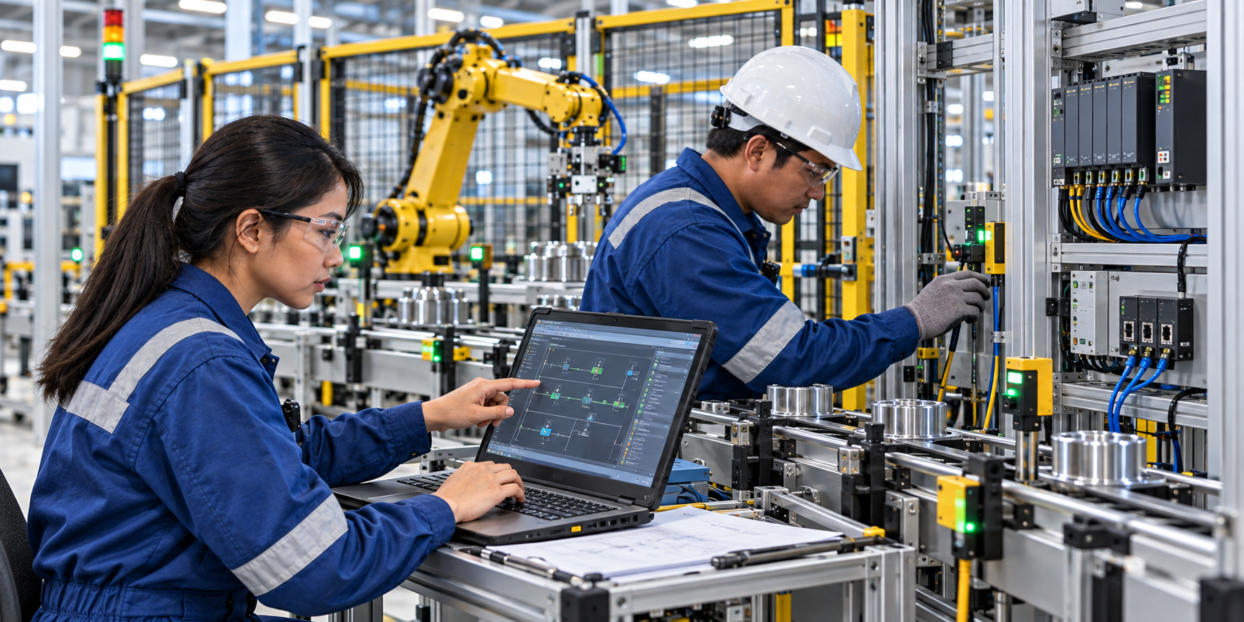 Female automation engineer and male technician commissioning PLC logic, industrial networks and sensors on an automated robotic production line
