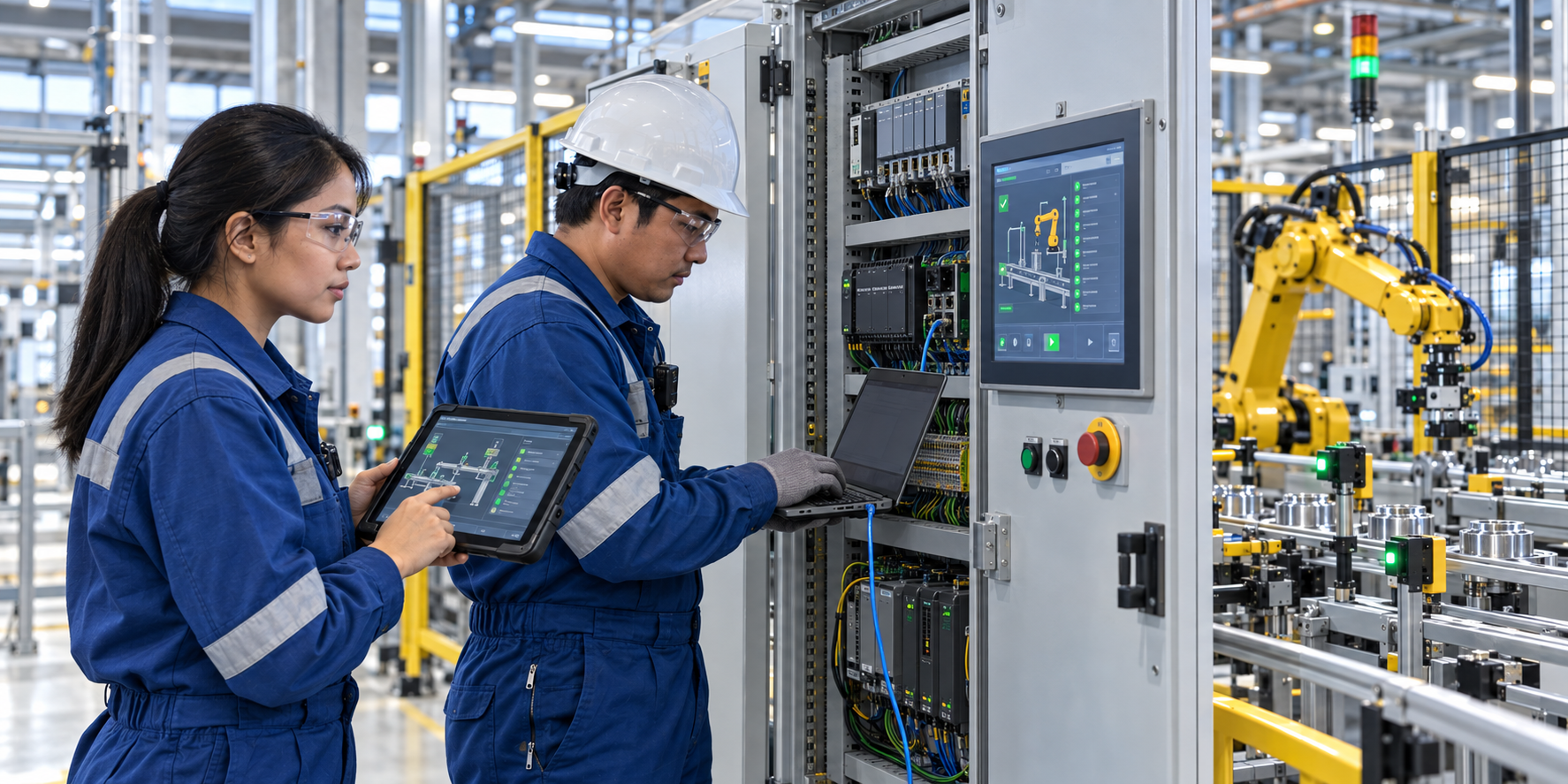 Male instrumentation technician and female control engineer working together on a PLC-controlled robotic production system