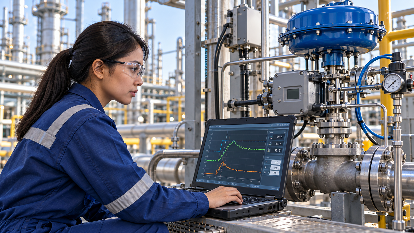 Female control engineer tuning a PID loop and verifying the response of a pneumatic control valve in an industrial process plant