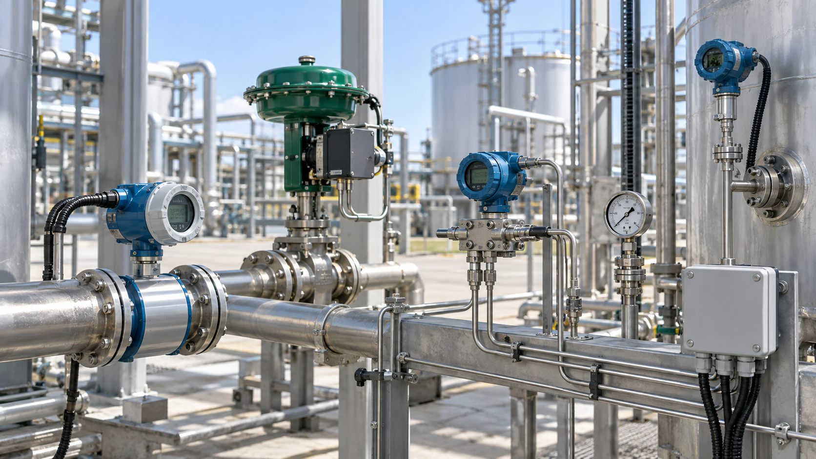 Industrial field instruments installed on process piping, including transmitters, a gauge and a control valve